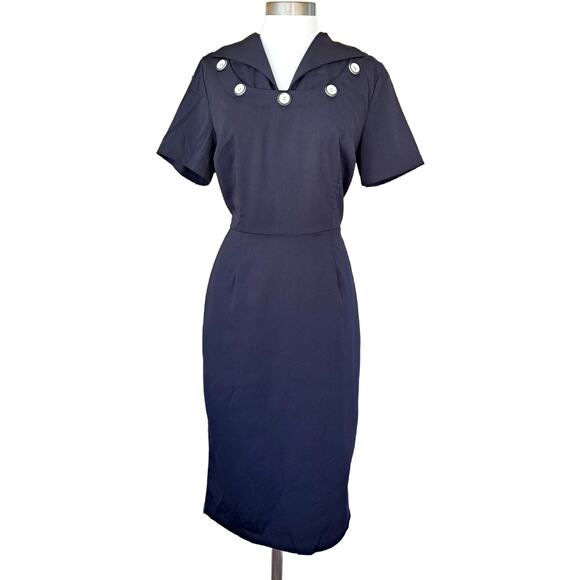 Bettie Page Dresses & Skirts - Bettie Page Tatyana Retro 40s Navy Blue Nautical Button Pencil Dress XL Pinup